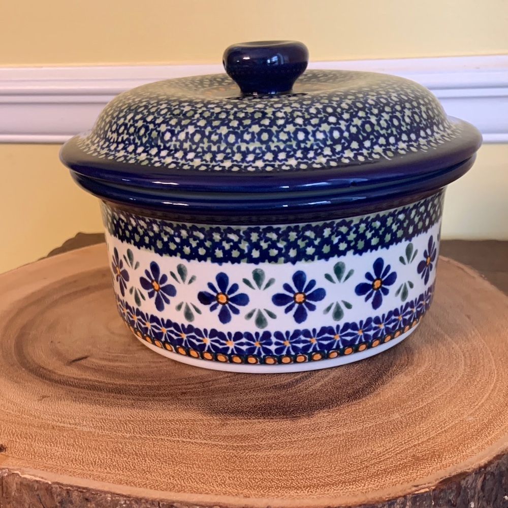 Polish Pottery Blue Rose Boleslawiec  Mosaic Flower Lidded Casserole BakingDish